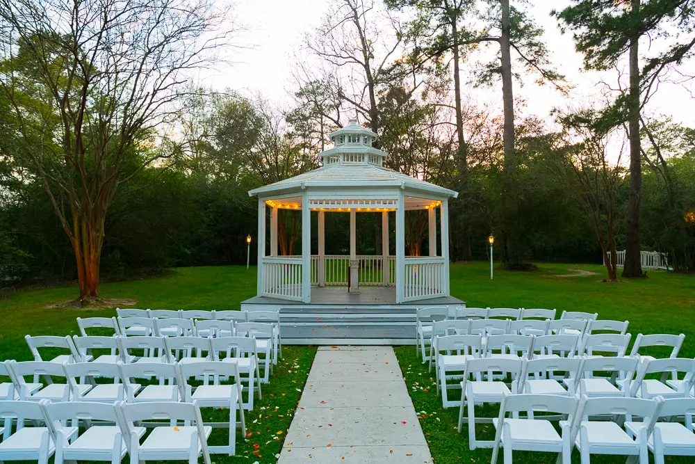 twilight photo of outside gazebo at Ella's Garden wedding venue in Tomball, Texas