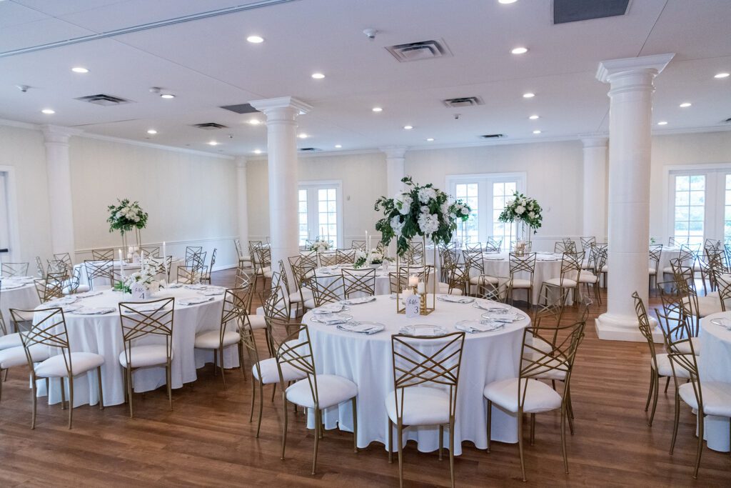 Wedding reception place setting at The Springs Cypress with white charger, folded napkin, and glassware